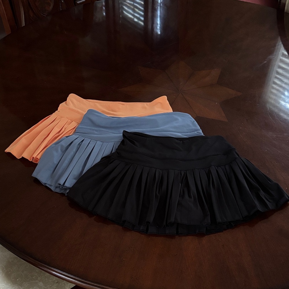 3 Gold Hinge Skirts — Black, Dusty Blue & Peach